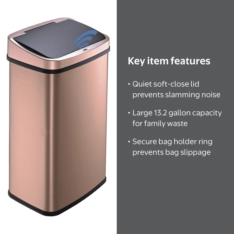 Nine Stars Touchless 13.2 Gal Motion Sensor Trash Can, Gold