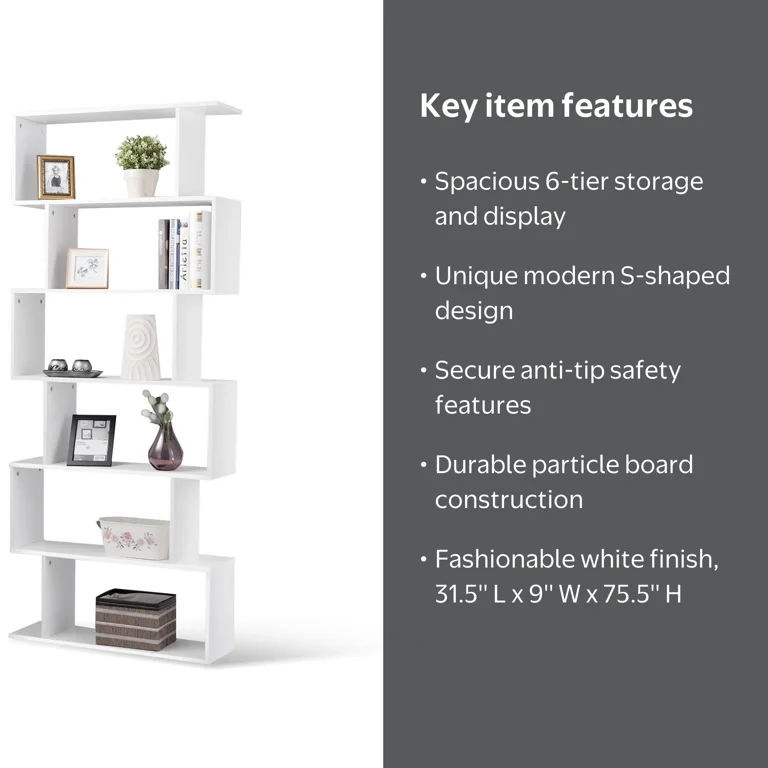 Gymax 6-Tier S-Shaped Modern Bookshelf, White Bookcase with