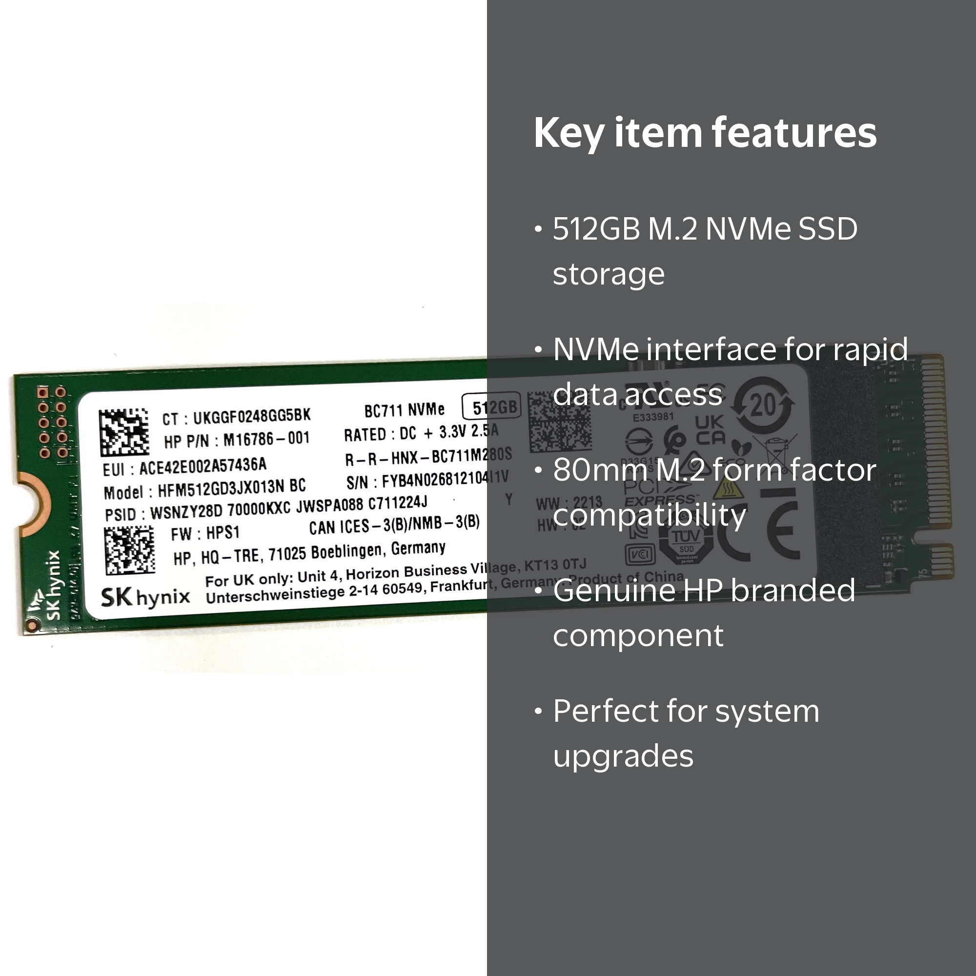 Genuine SKhynix HP 512GB M16786-001 - M.2 NVME PCIE 80mm SSD