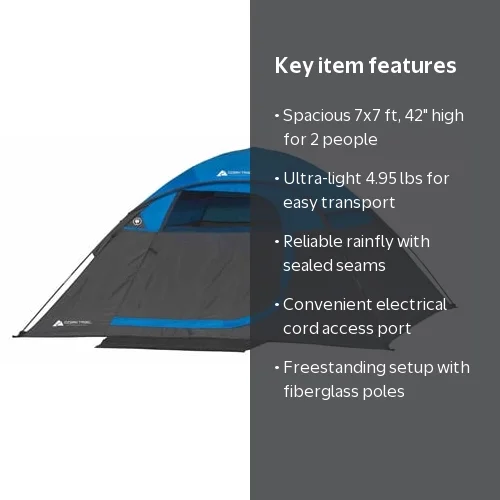 Ozark Trail, 2 Person Dome Tent, Rainfly, 7'x7', Freestanding
