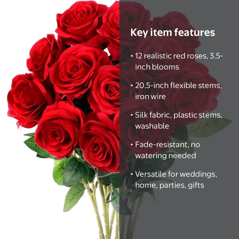 Mocoosy 12pcs Fake Roses Artificial Flowers Red Roses with Long Stems Realistic Faux Silk Rose Bouquets for Wedding Decorations Bridal Shower