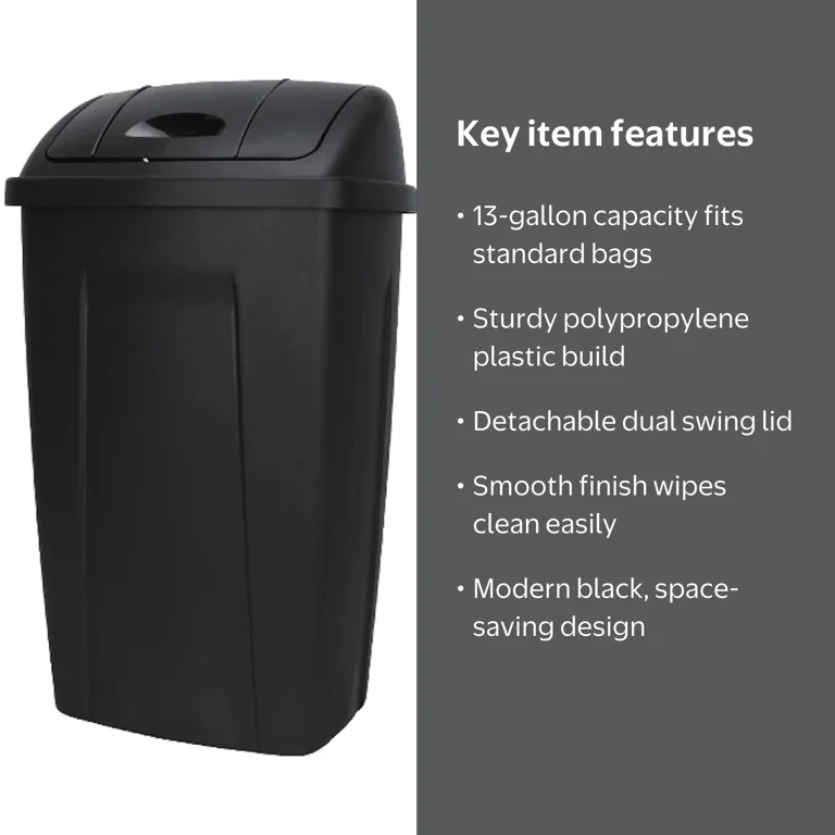 Mainstays 13 Gallon Plastic Swing Top Trash Can Black Kitchen