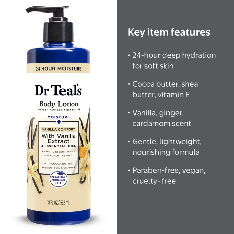 Dr Teal's Vanilla Comfort Body Lotion, Hydrating Lotion with