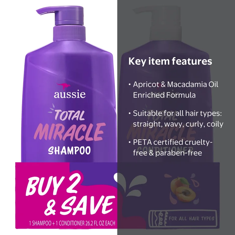 アスモケア Aussie Total Miracle, Apricot & Macadamia Oil, Paraben Free