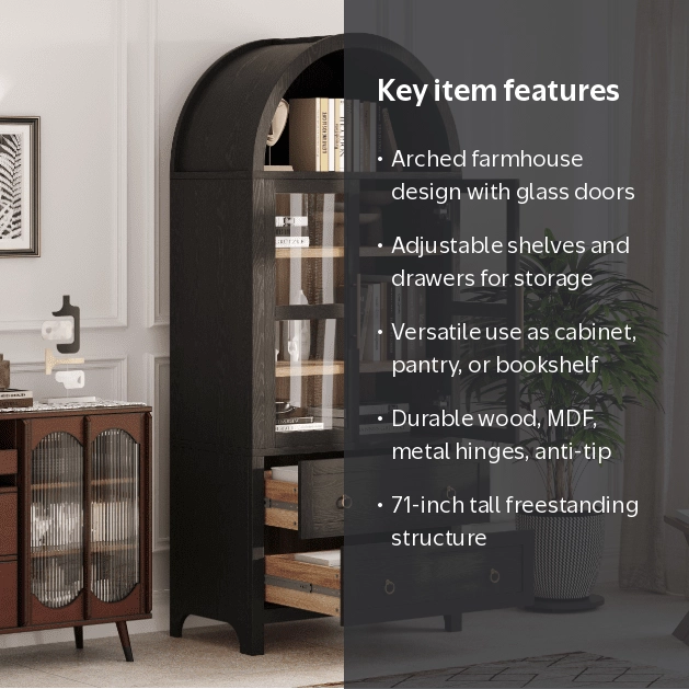 Euroco 71” Arched Storage Cabinet with Glass Doors, Adjustable