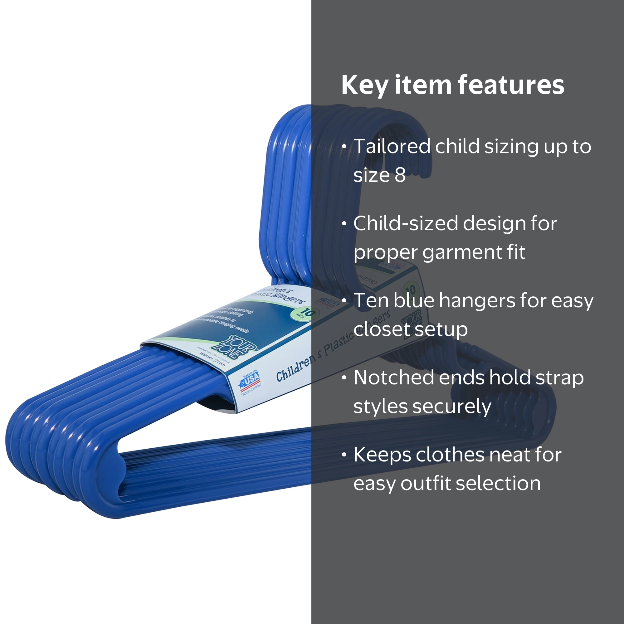 Your Zone Children's Plastic Hangers 10 Pack Blue for Sizes up to