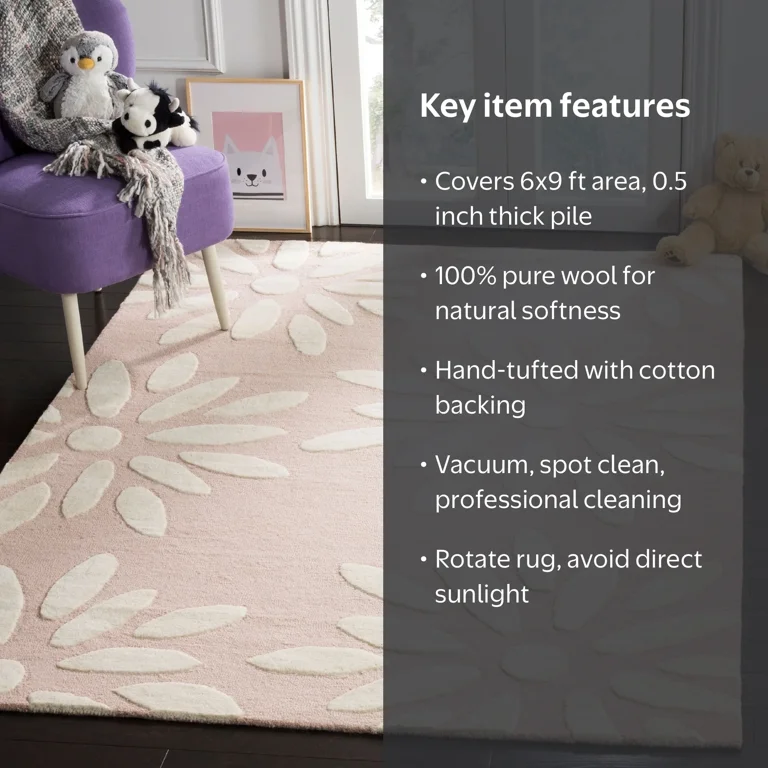 SAFAVIEH Kids Daisy Flowers Wool Area Rug, Pink/Ivory, 6' x 9