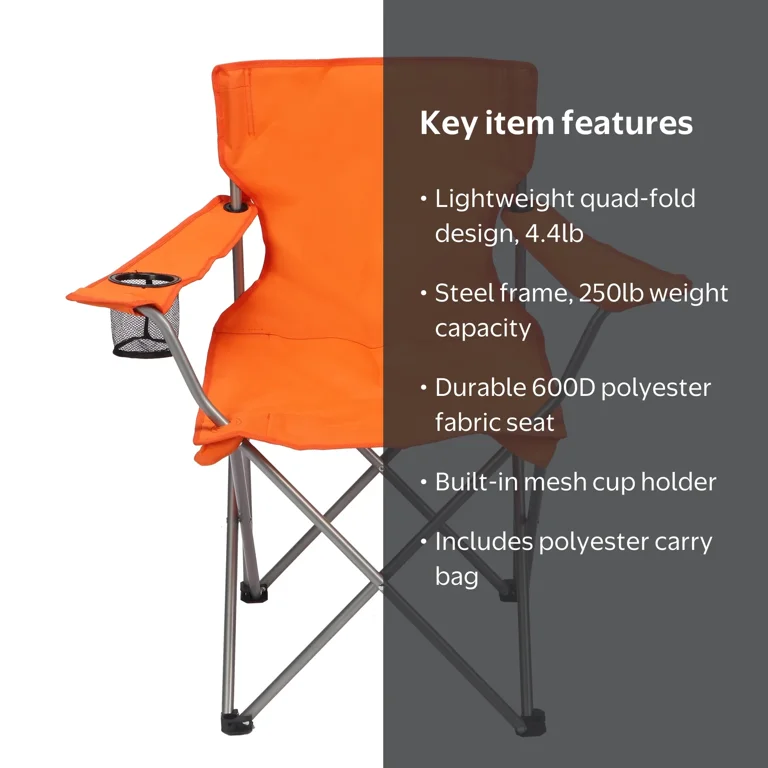Ozark Trail Quad Folding Camp Chair with Cup Holder, Orange