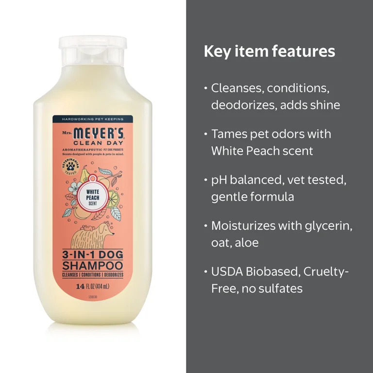 Mrs. Meyer's Clean Day 3 in 1 Dog Shampoo, White Peach Scent, 14oz