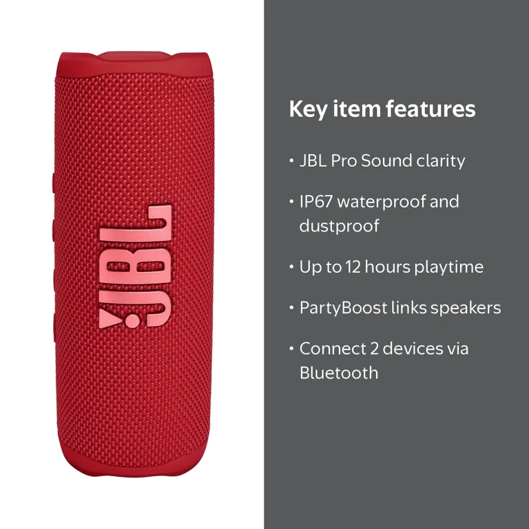 JBL Flip 6 Portable Waterproof Speaker - Red, 12 Hours Battery