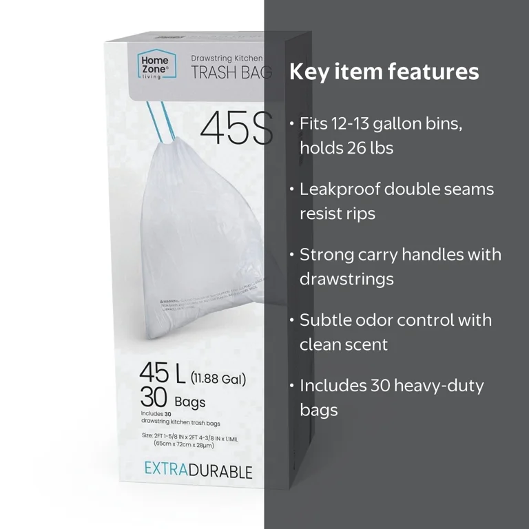Home Zone Living Code 45S Drawstring Trash Bags for 12 Gal, 30