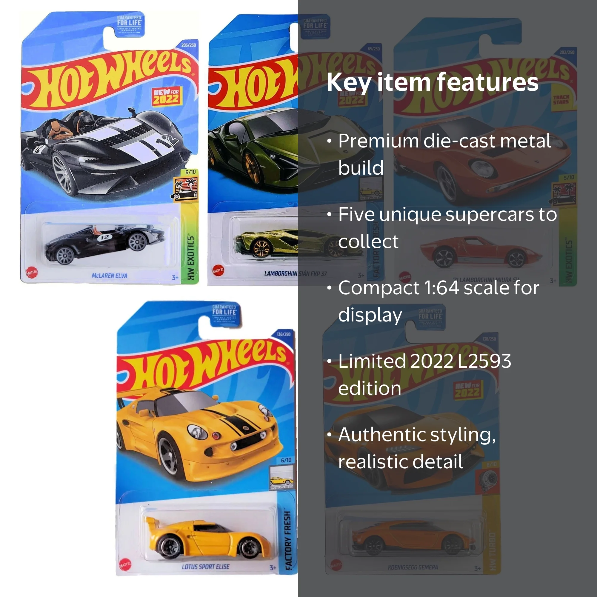 Hot Wheels 2022 Exotics Super Car Set of 5 Diecast Vehicles L2593