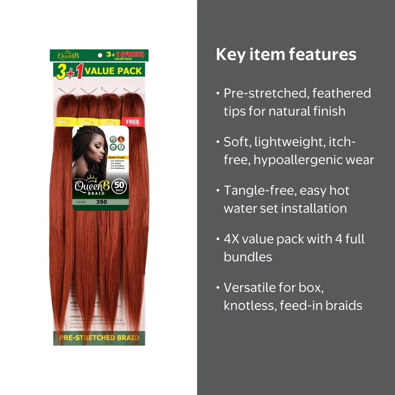 QueenB 4X Value Pack Pre-Stretched Braiding Hair 50