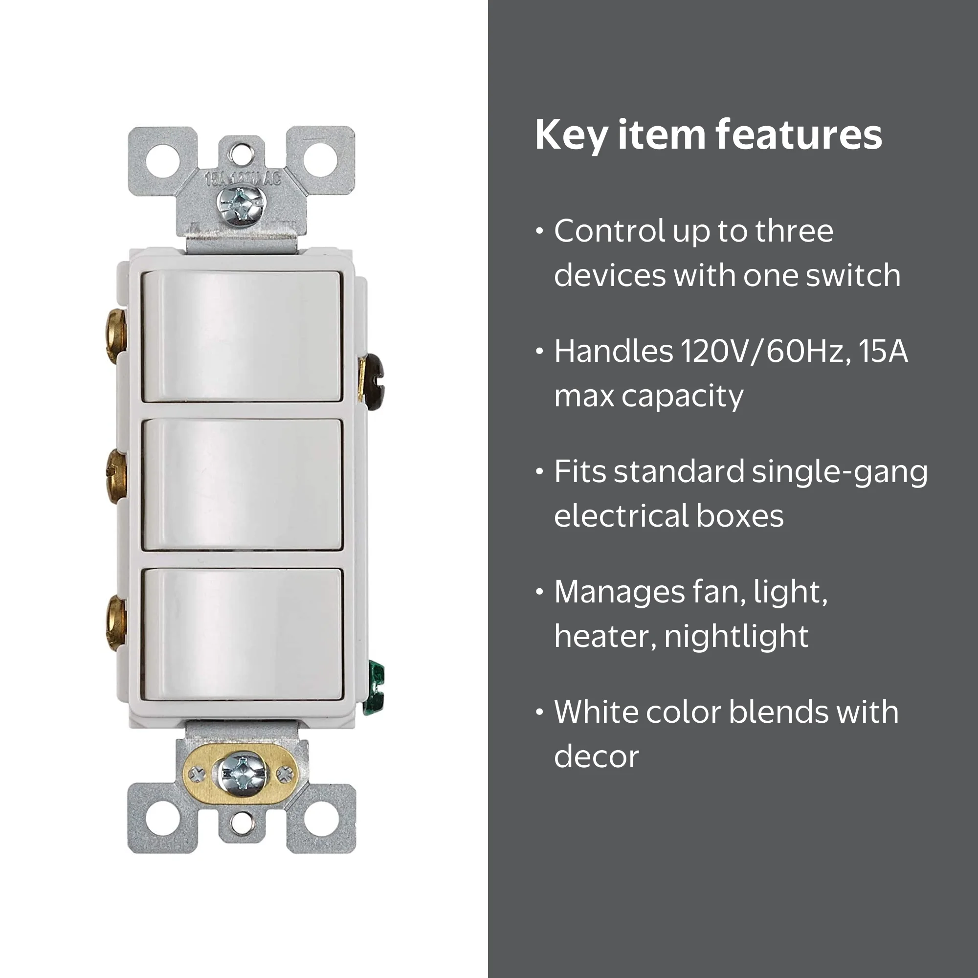 Broan-NuTone Three-Rocker White Bathroom Switch, Fan Light Heater