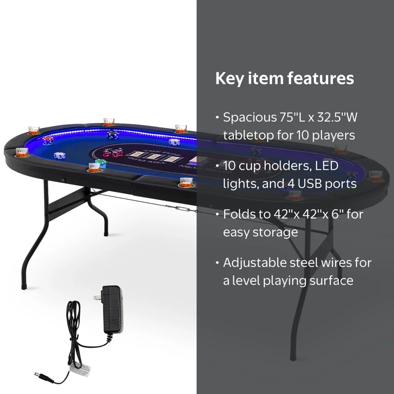 10人用LEDポーカーテーブル　　 スマートフォン充電用USBポート付き Costway, Foldable Poker Table, 75