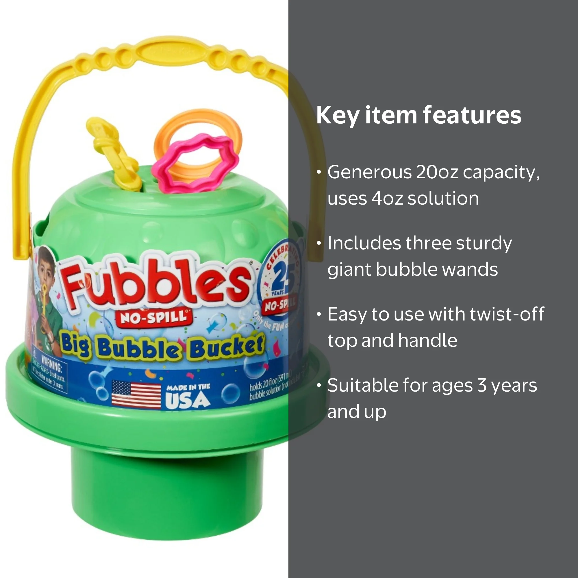 Little Kids, Fubbles No Spill Big Bubble Bucket, 20oz, Green
