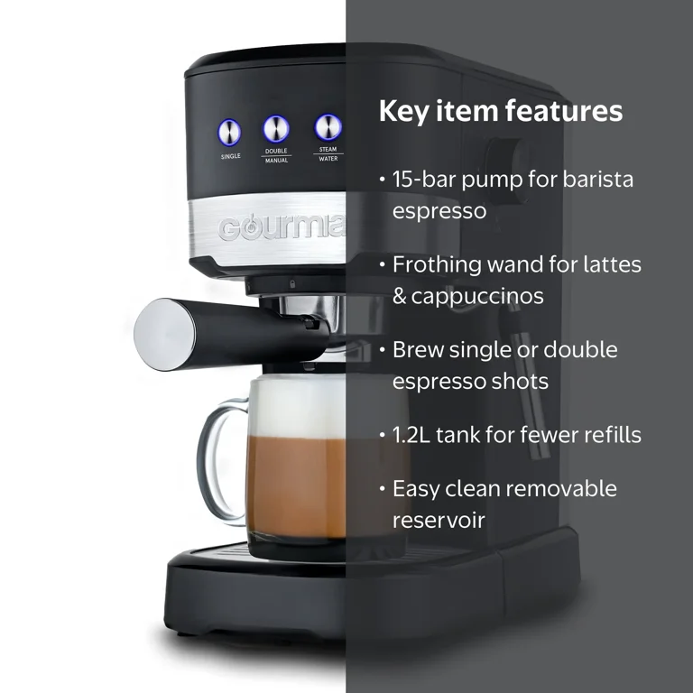Gourmia 1.2L 15 Bar Espresso Maker with Powerful Frothing Wand