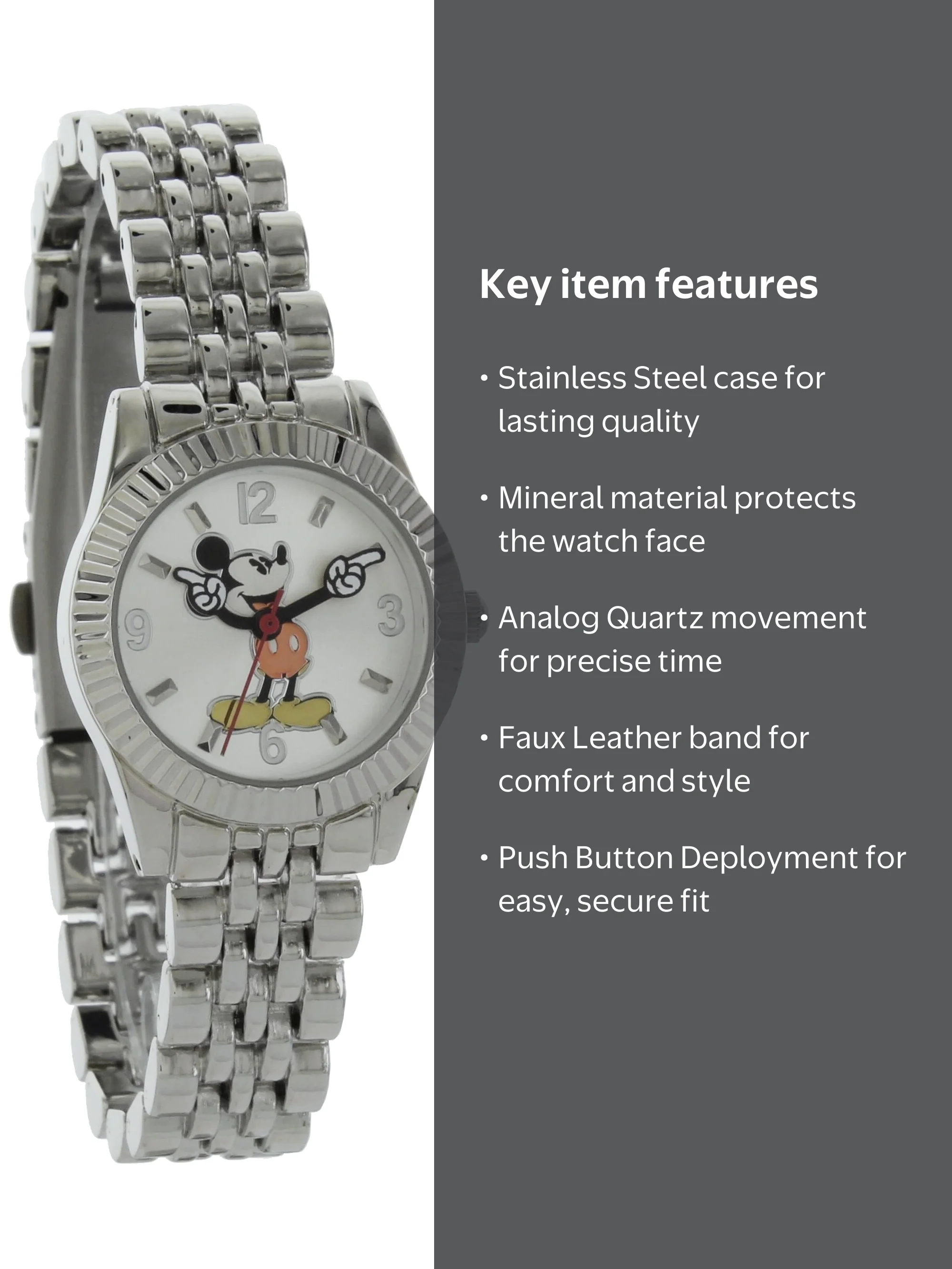 【Mickey】 Disney Women's Mickey Mouse Classic Silver Tone Fluted Bezel Watch