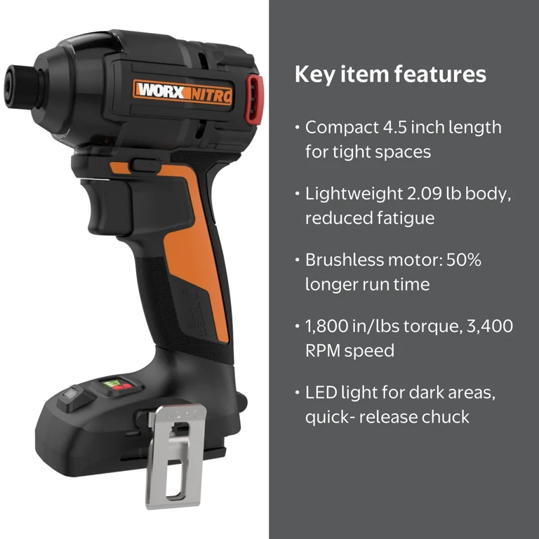 Worx Nitro Brushless Compact 1/4â€ Impact Driver, 3 Speed, 1800 in