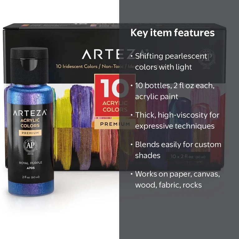 Arteza, Acrylic Paint, 10 Pack, Iridescent Finish, 2 fl oz Bottles