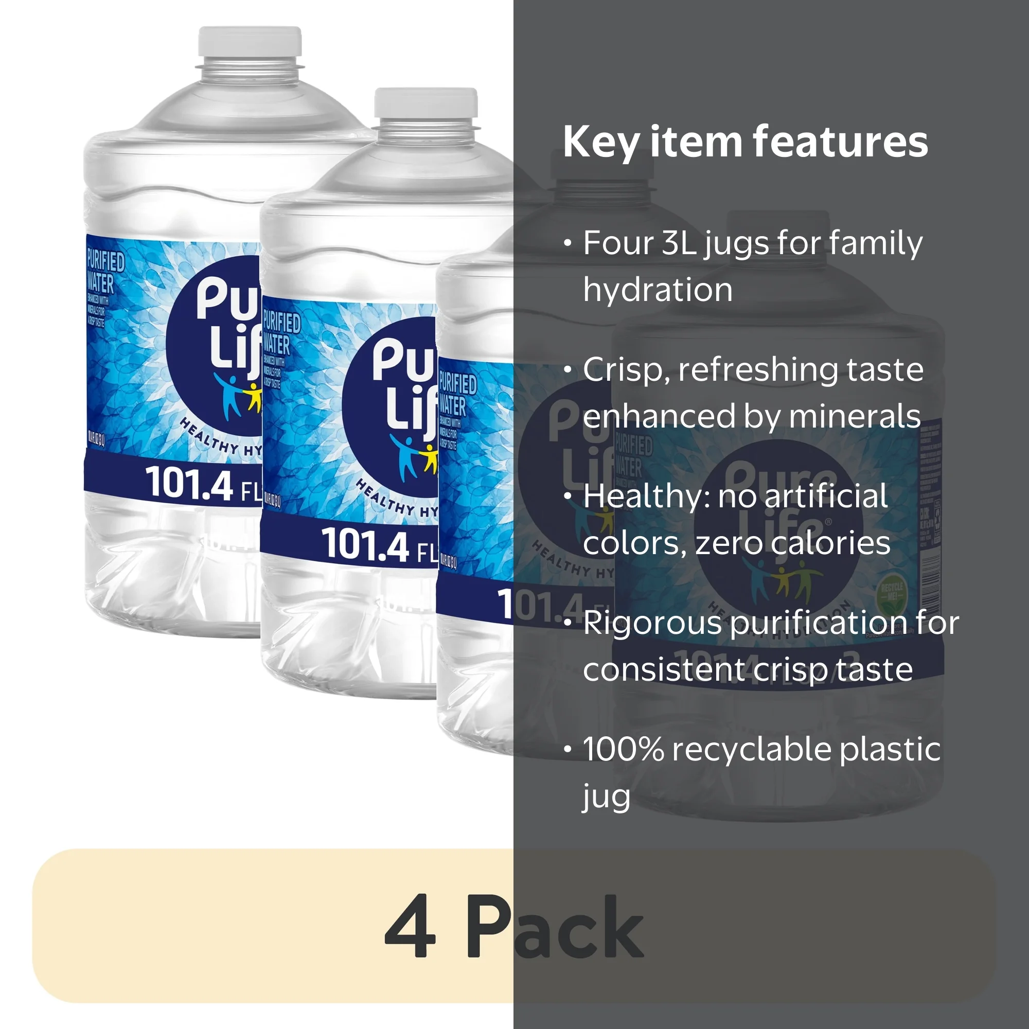 4 pack) Pure Life Purified Water, 3 Liter, Single Plastic Jug
