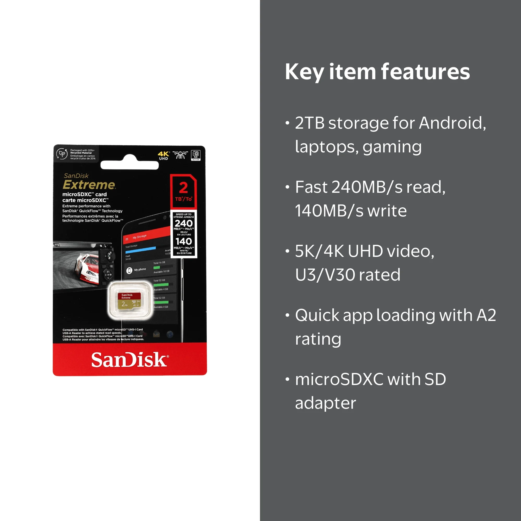 SanDisk Extreme 2TB UHS-I U3 microSDXC Memory Card with SD Adapter