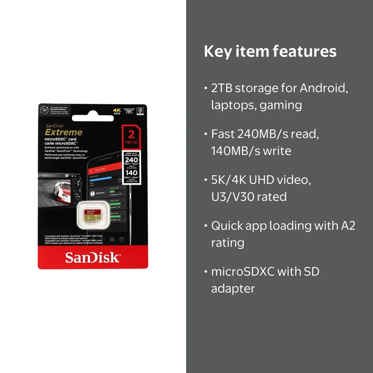 SanDisk Extreme 2TB UHS-I U3 microSDXC Memory Card with SD Adapter