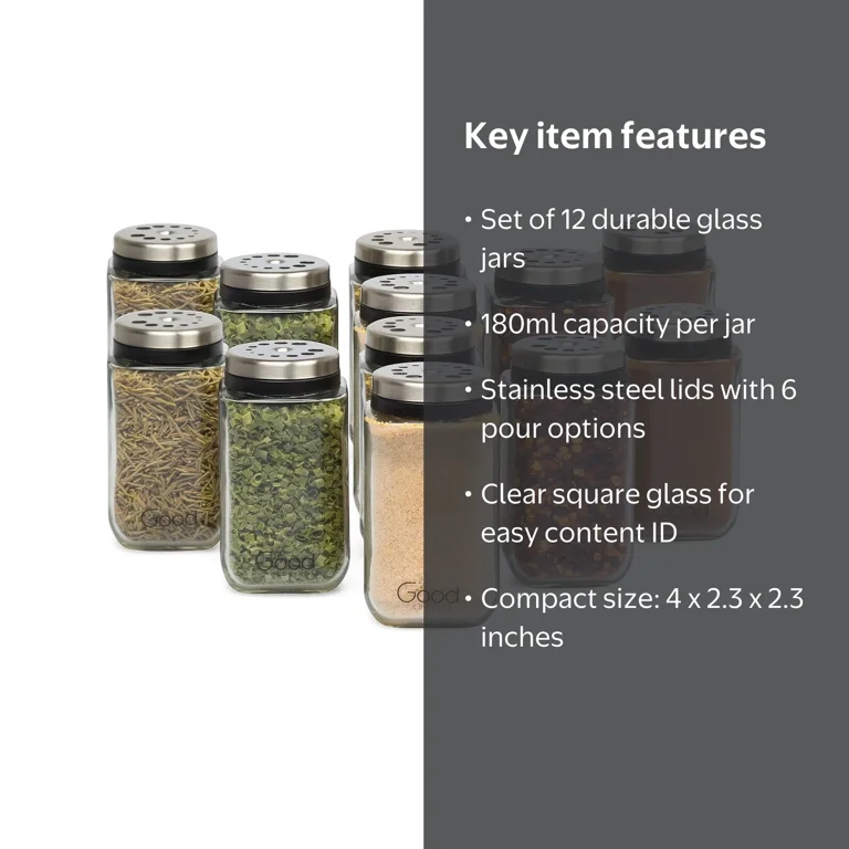 Adjustable Glass Spice Jars- 12 Premium Lids Shake Seasonings