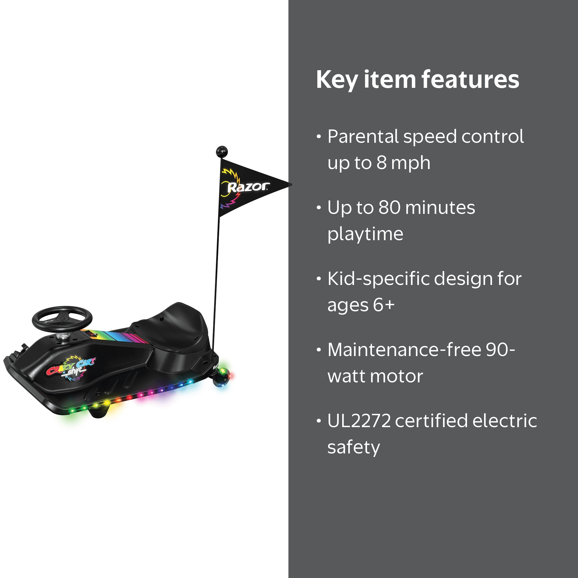 Razor, Crazy Cart Shift Lightshow Light-Up Drifting Go-Kart, 12V