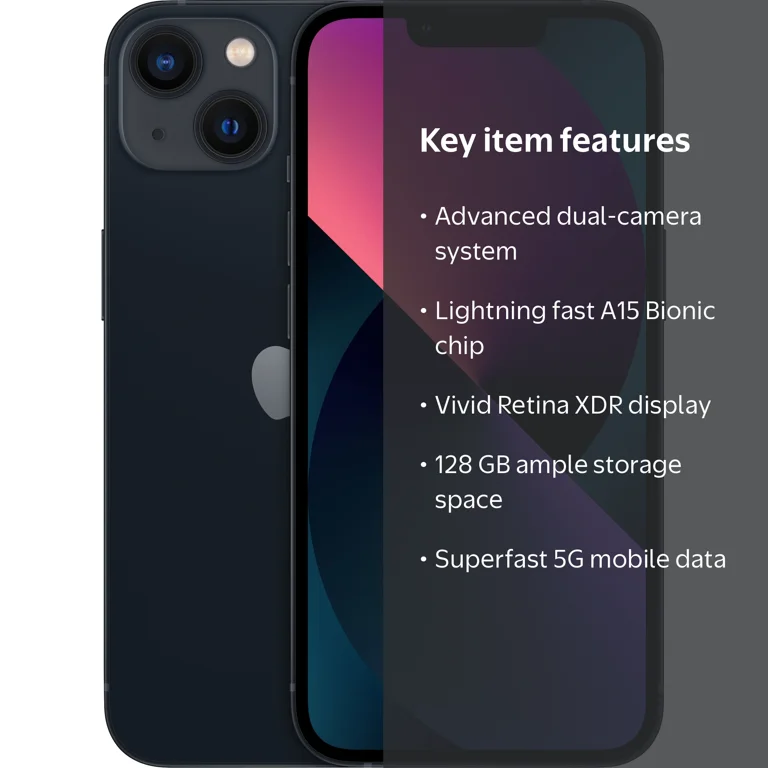 Apple iPhone 13, AT&T, 128 GB, Midnight, Refurbished, Dual-Camera