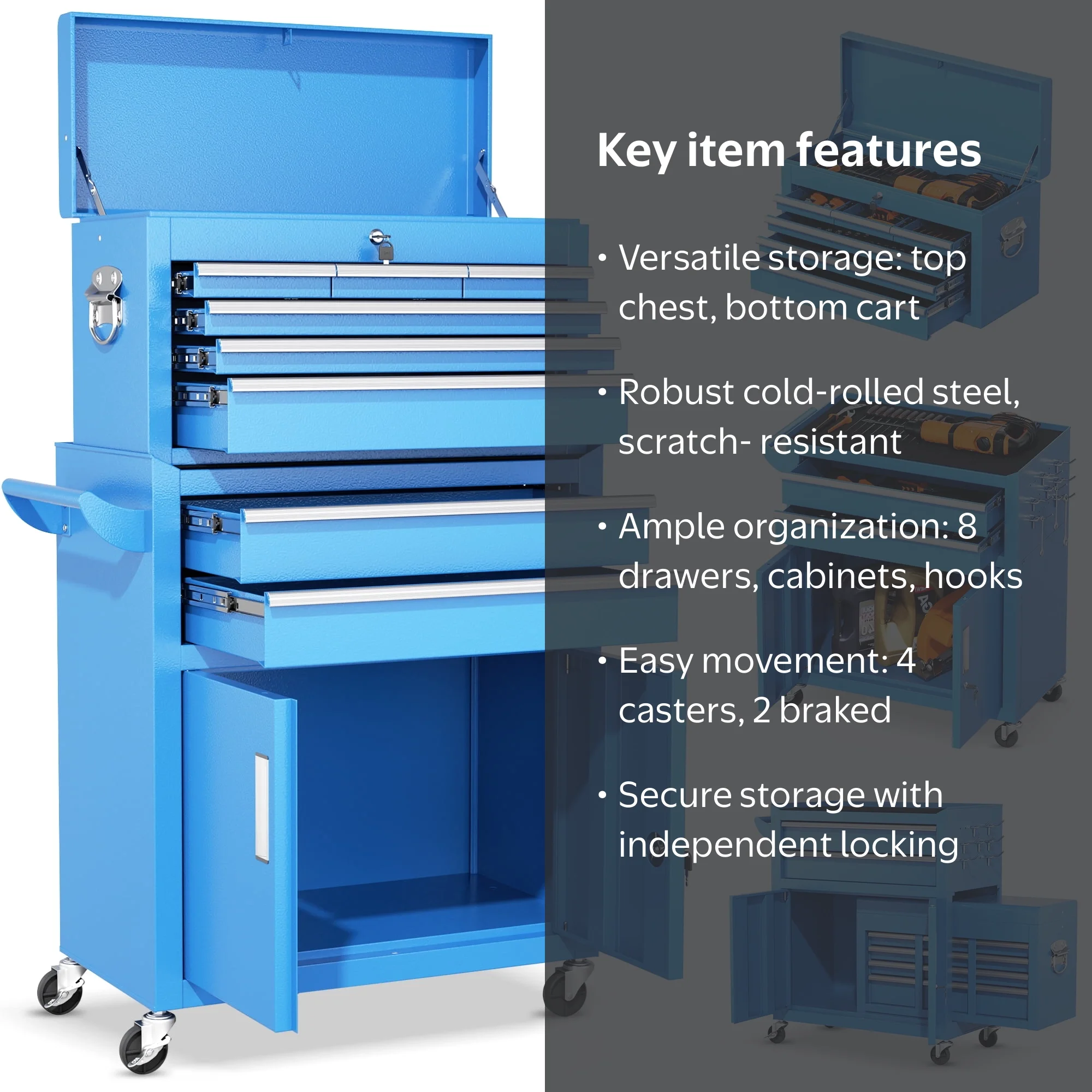 Suncrown, 2-IN-1 Tool Chest & Cabinet, Large Capacity 8-Drawer