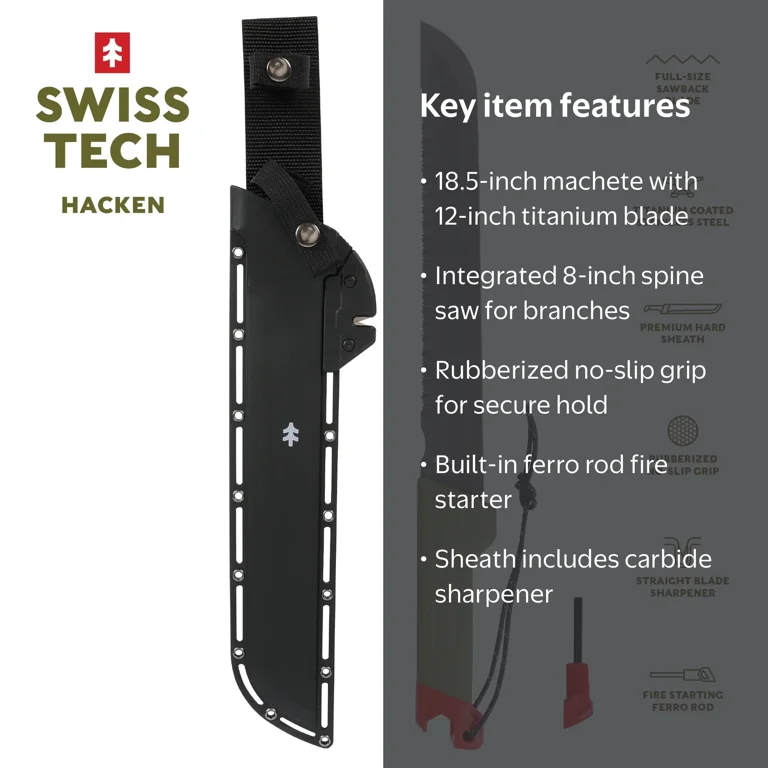 Swiss Tech Machete 18-inch Sawtooth with Titanium-Coated Stainless