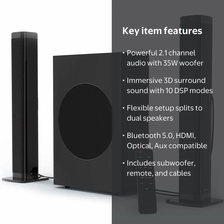 GCZ Soundbar with Subwoofer, 2.1 Channel, HDMI ARC, Optical