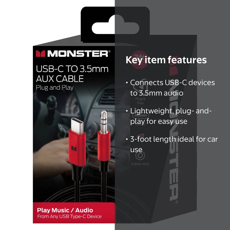 Monster 3ft USB-C to 3.5mm AUX Cable Automotive/Portable Use 3
