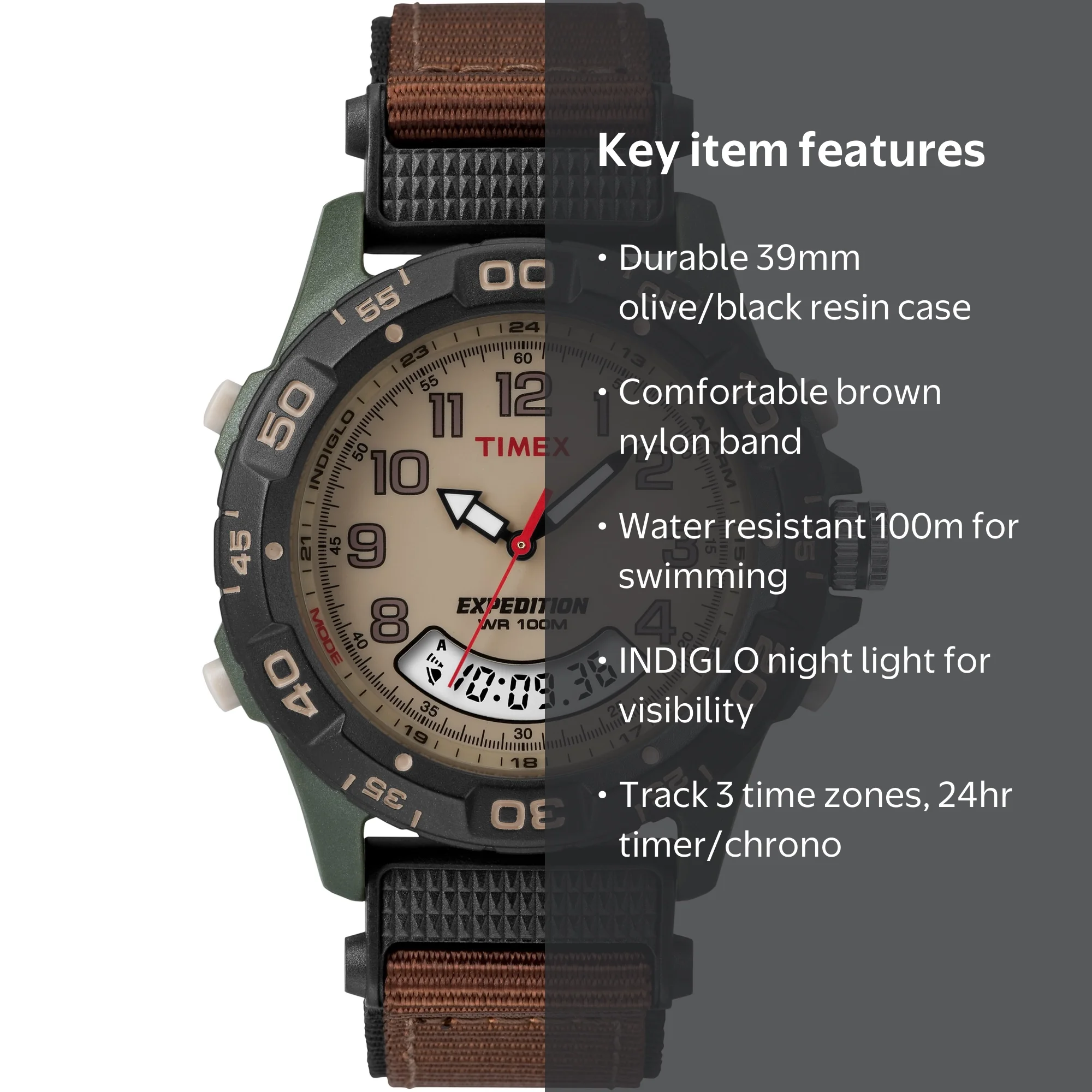 Timex, Men's Expedition Combo Watch, Brown Nylon Strap, 39mm