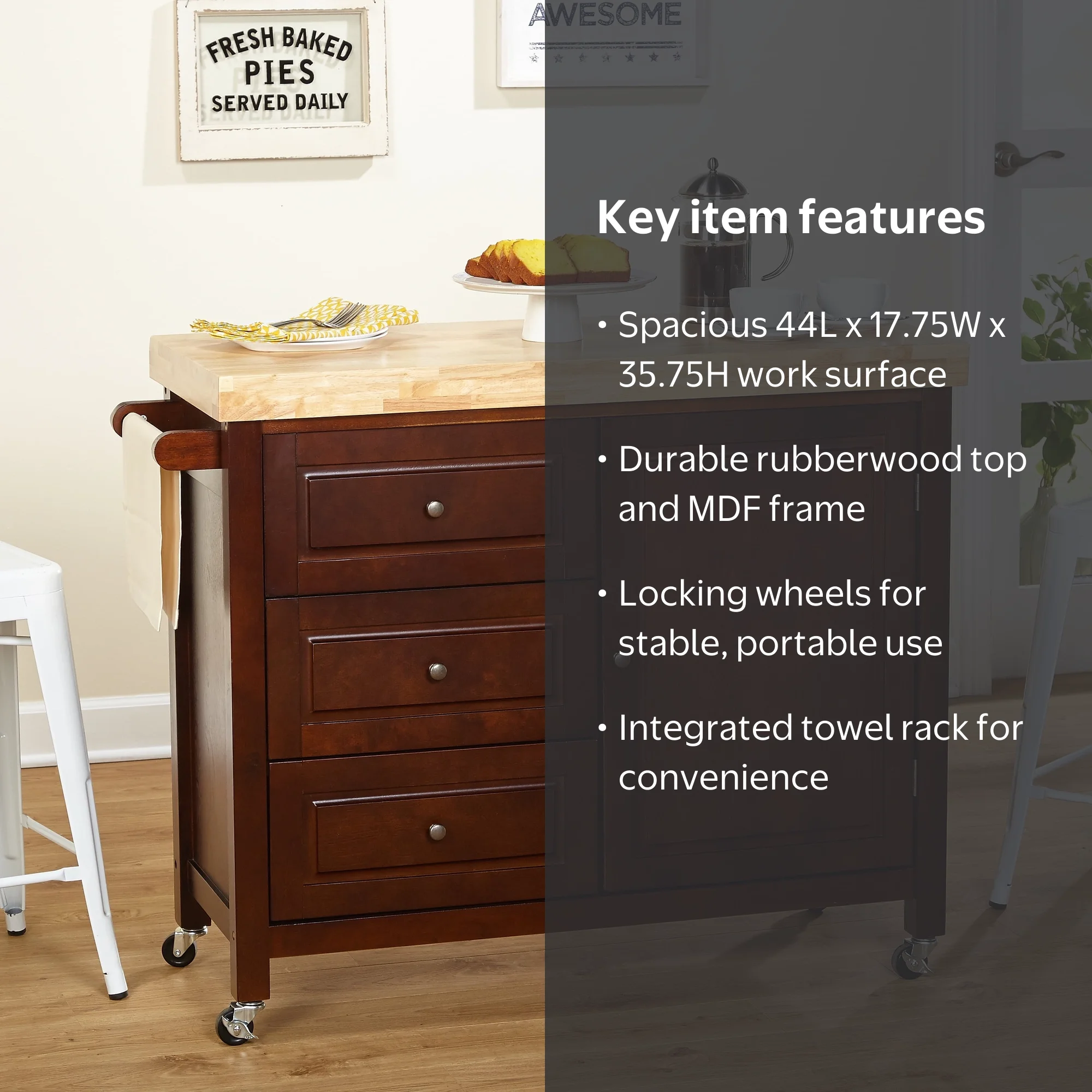 TMS Monterey Butcher Block Rolling Kitchen Island with Drawers