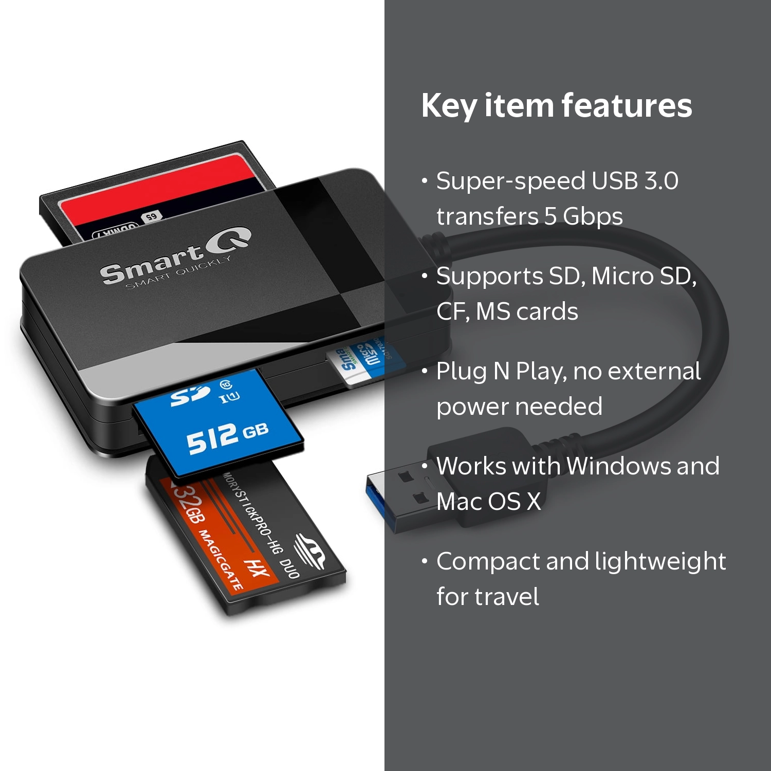 SmartQ C368 USB 3.0 Multi-Card Reader, Supports CF, SD, MicroSD