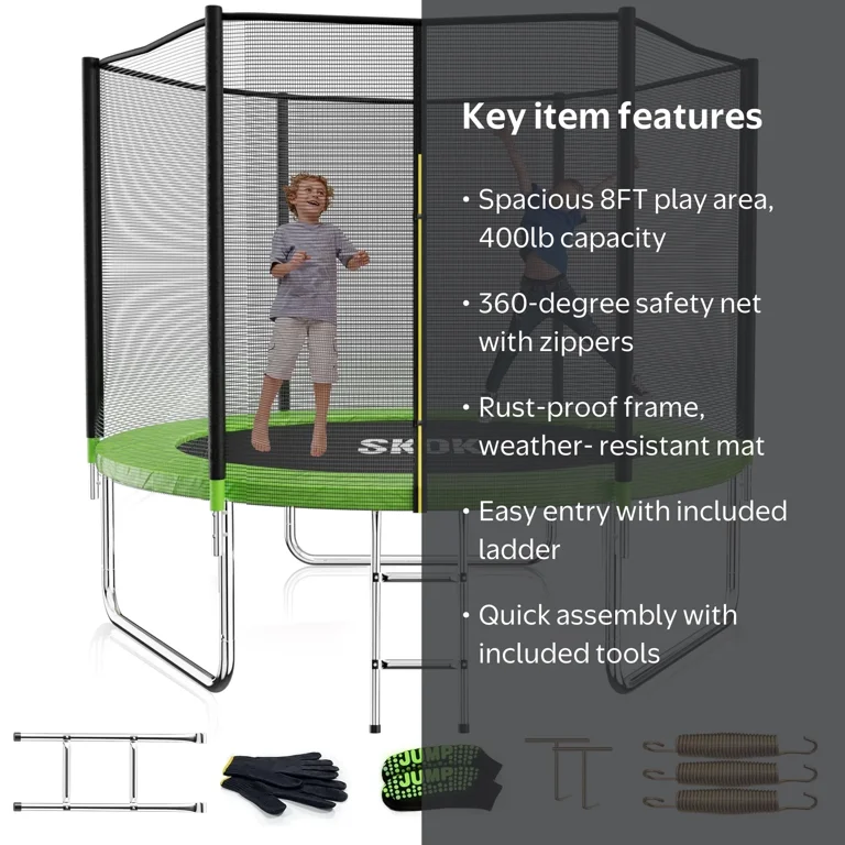 SKOK, 8FT Green Trampoline with Safety Enclosure, Includes Ladder