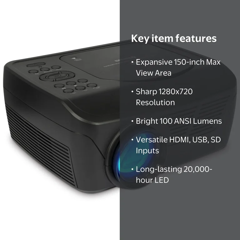 GPX Bluetooth Wireless Projector with DVD Player, PJD713B, Black