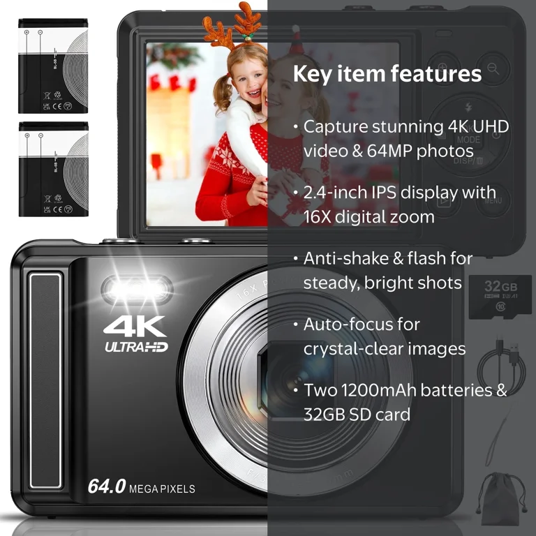 ASMEIR 4k デジタルビデオカメラ 60fps UltraHD SEREE Digital Camera 4K 64MP 16X Zoom Autofocus Compact Camera