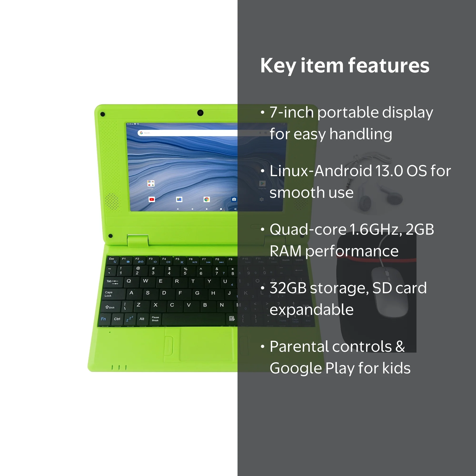 CHIBBS, Netbook Laptop for Kids, 7-inch Green, Android 13.0