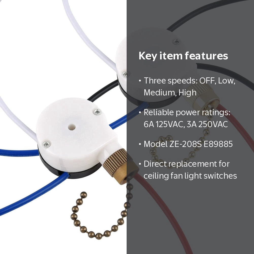 Ceiling Fan Switch Kit ZE-208S E89885 3 Speed 4 Wire Pull Chain