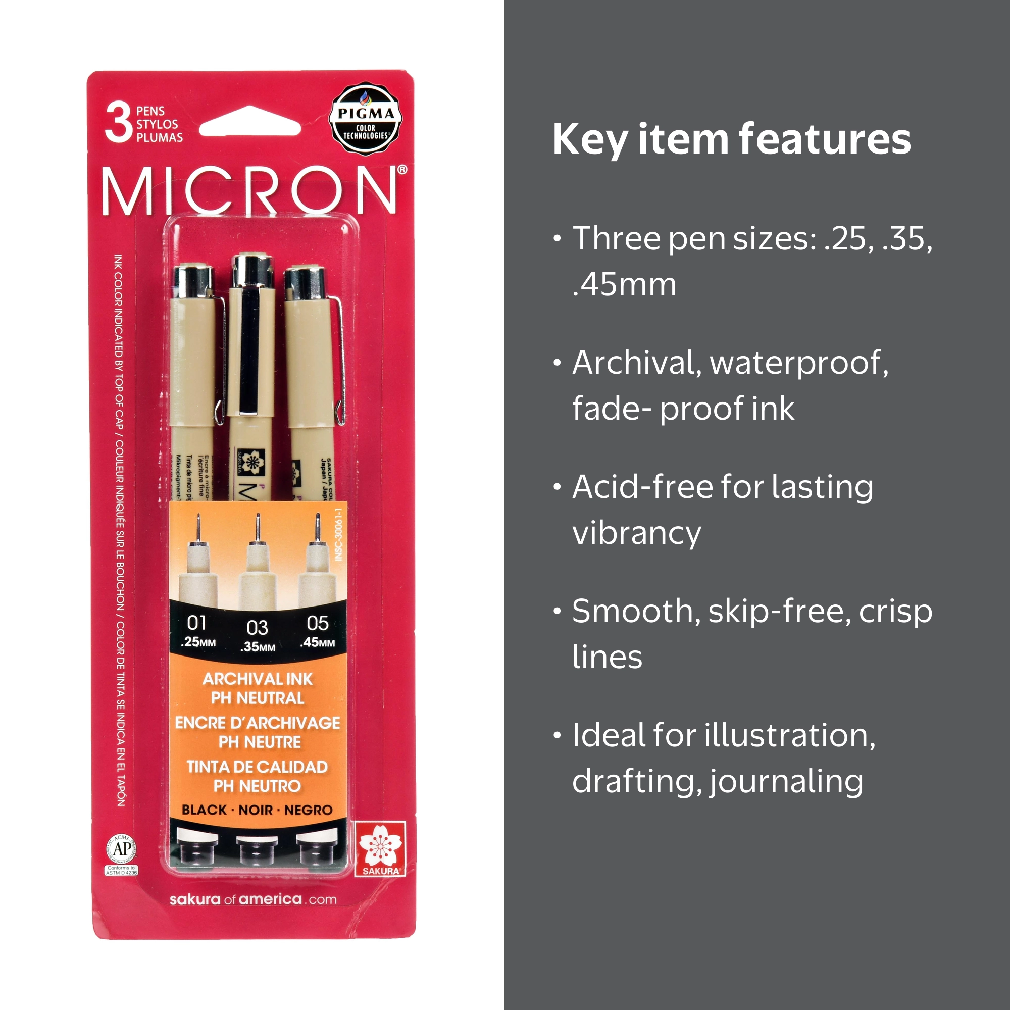 Sakura Pigma Micron Pens – 3 Count, Archival Ink, Fine Point (.25