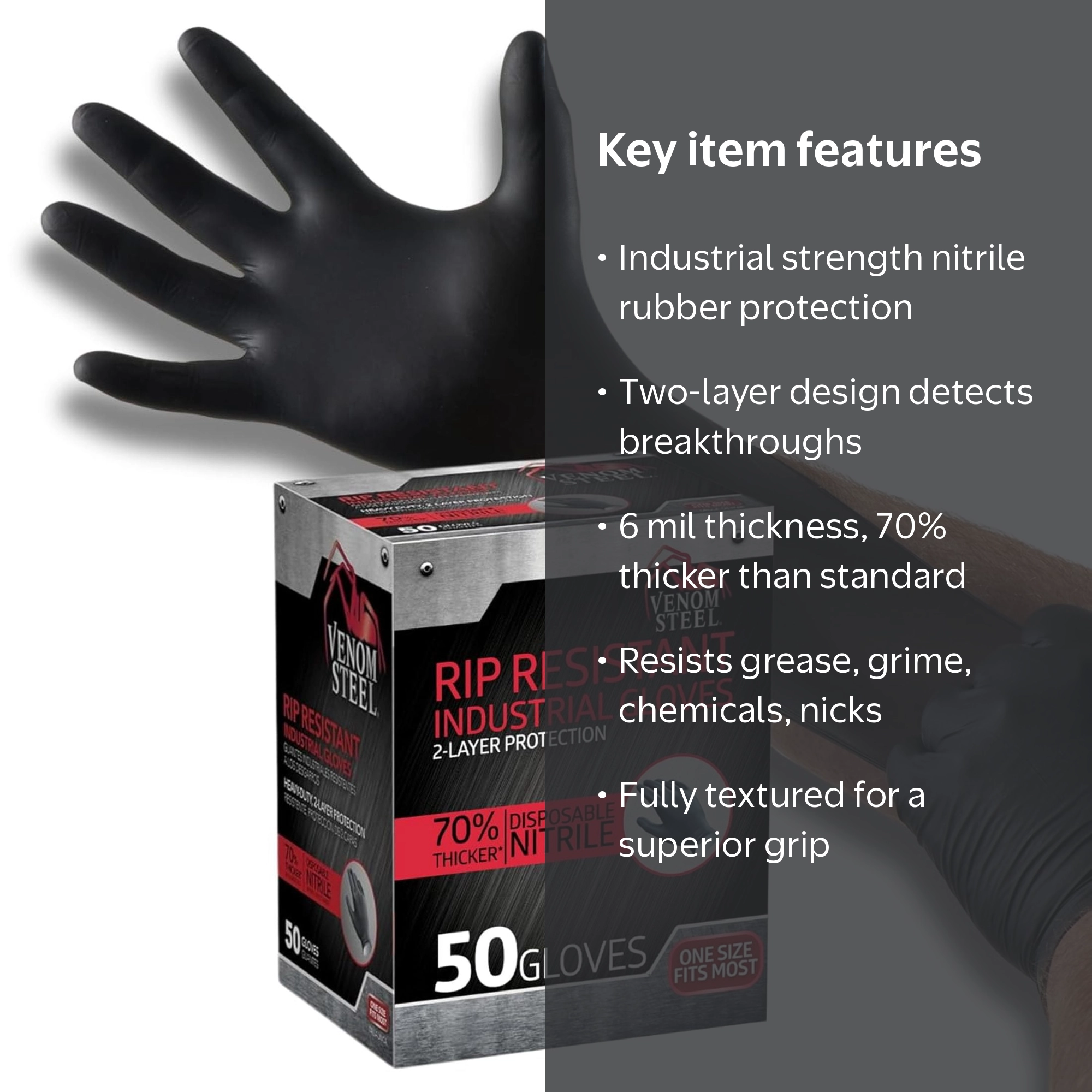 Venom Steel, Industrial Nitrile Gloves, Black, 50 Count, XL