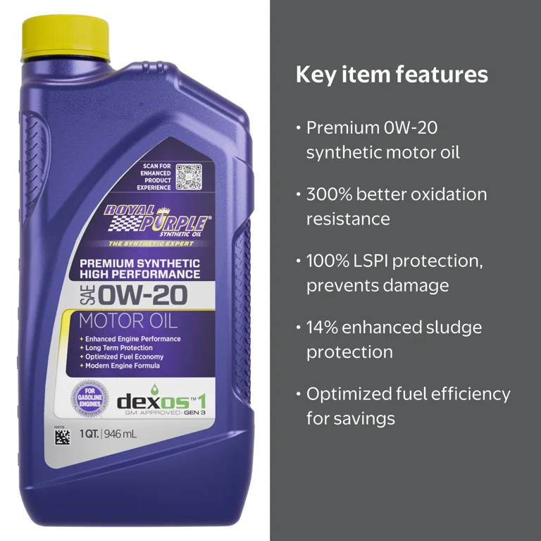 Royal Purple High Performance 0W-20 Synthetic Motor Oil, 1 Quart