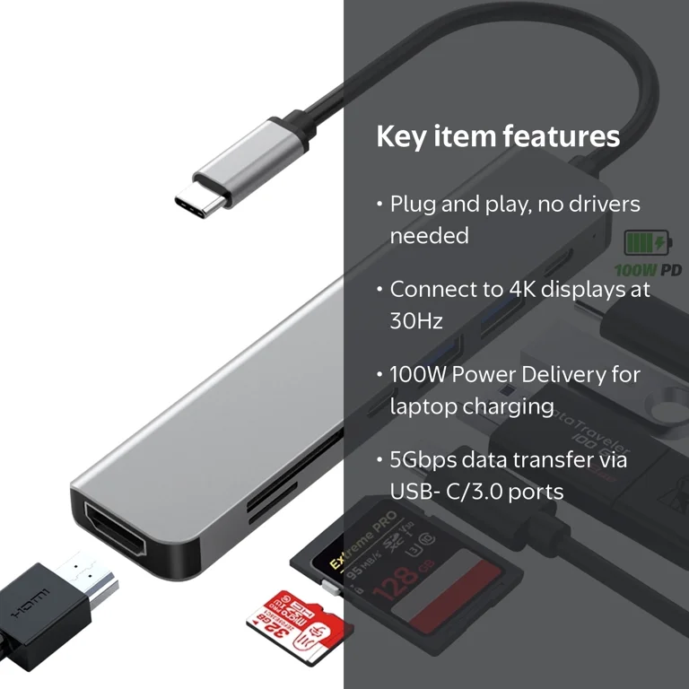 Zyerch USB C Hub with 4K HDMI, 7-in-1 Ports, 100W Power Delivery