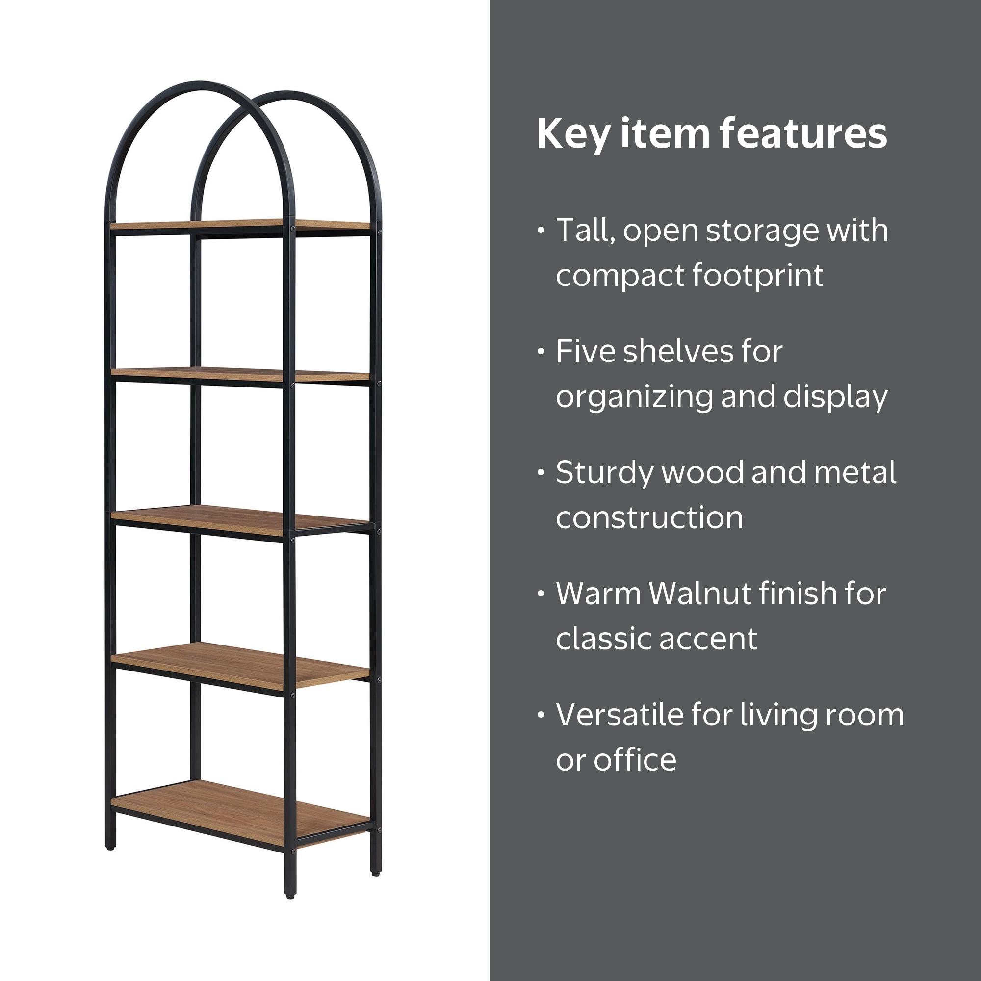 Mainstays 5-Shelf Metal and Wood Arch Open Bookcase, Warm Walnut