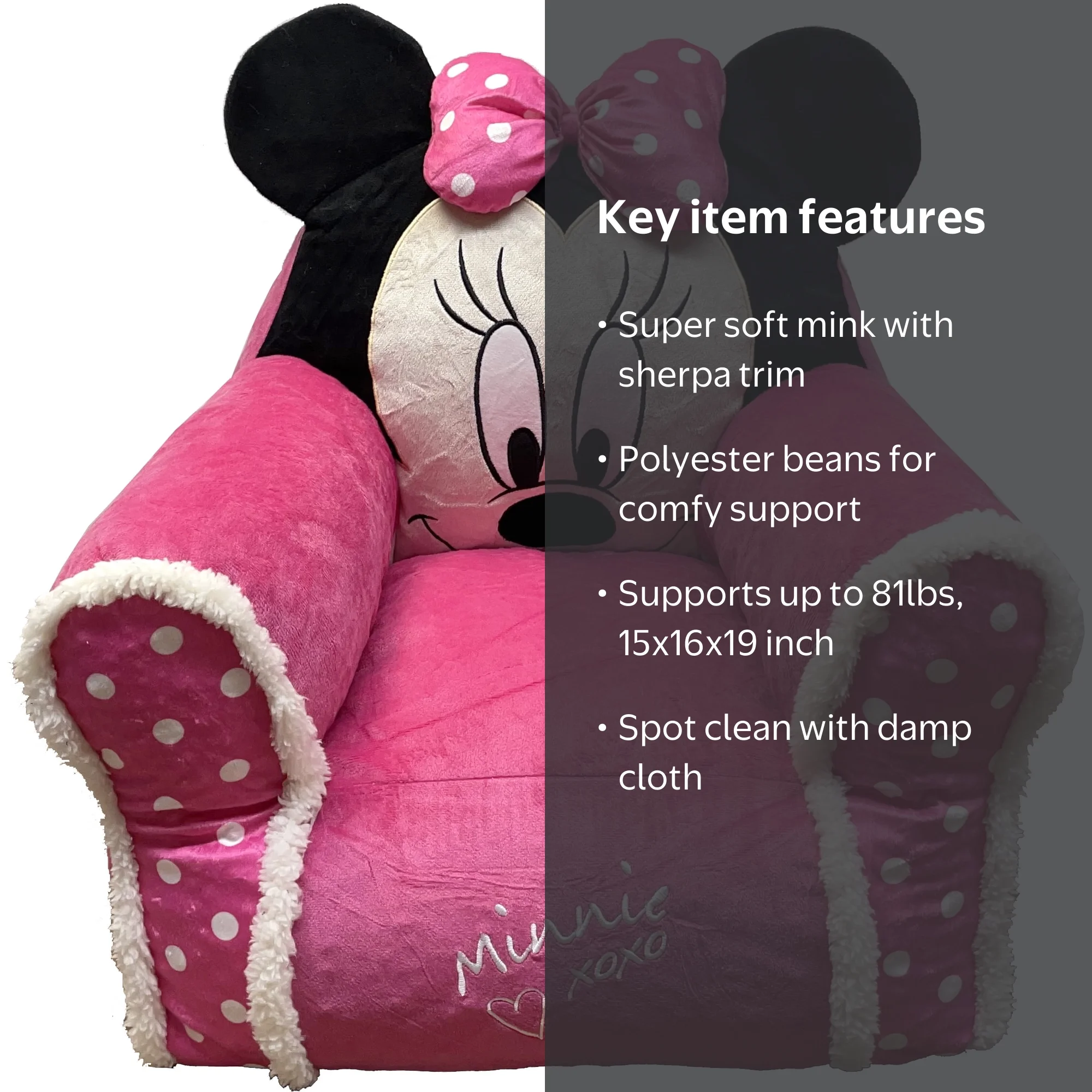 Disney Minnie Mouse Kids Figural Bean Bag Chair, Sherpa Trim