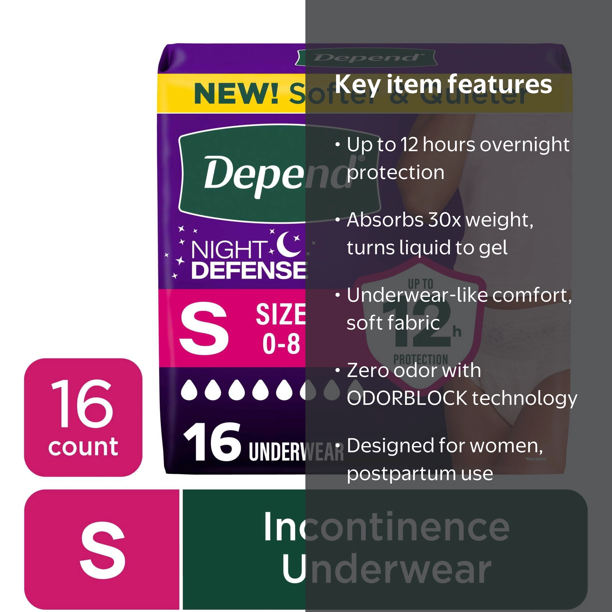 Depend Night Defense Incontinence Underwear for Women, Adult