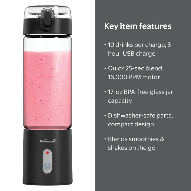 Brentwood 17-Oz. 50-Watt Portable Battery-Operated USB-Chargeable